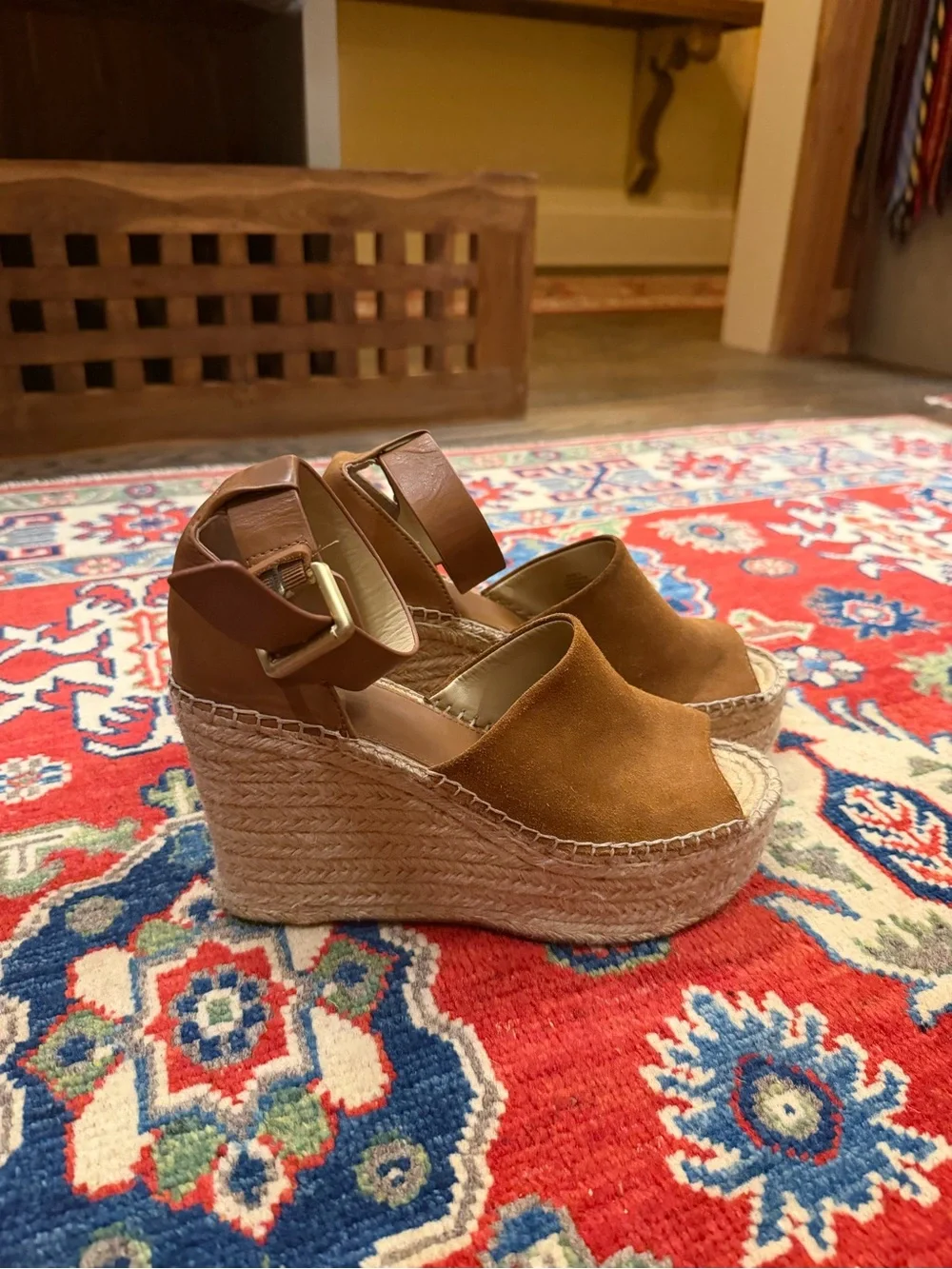Marc Fisher Tan Suede Espadrille Wedge Sandals with Ankle Buckle